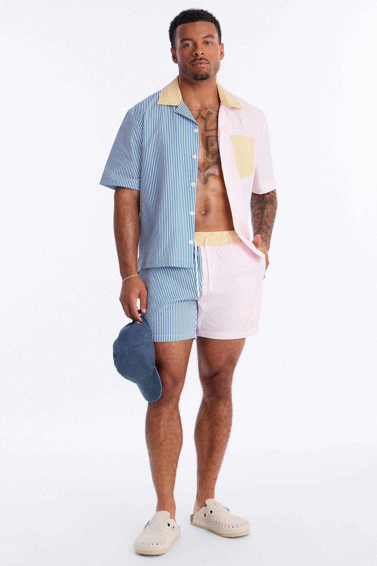 Relaxed Day Party Seersucker Striped Cuban Collar Button Up Shirt - Multi Color