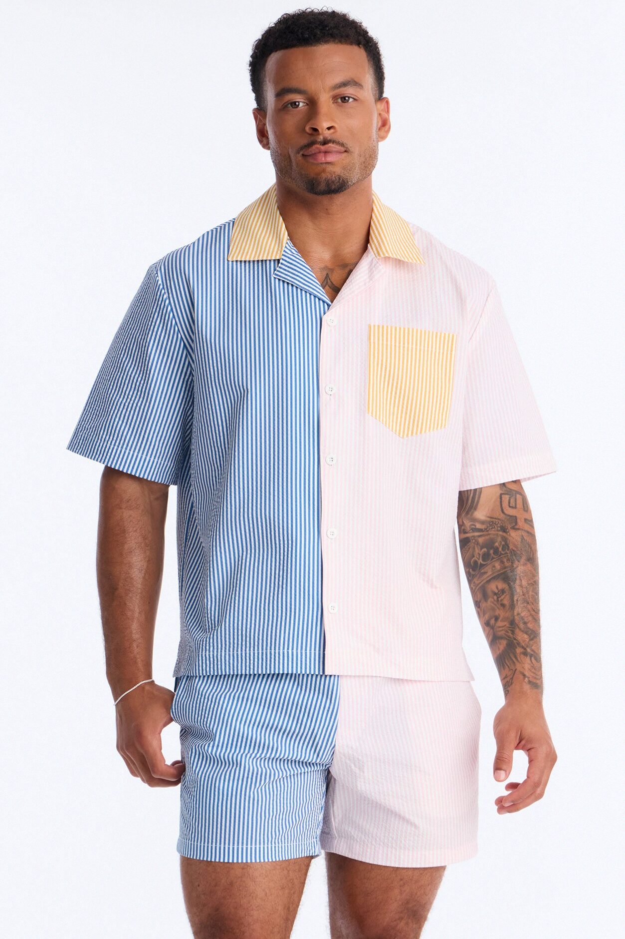 Relaxed Day Party Seersucker Striped Cuban Collar Button Up Shirt - Multi Color