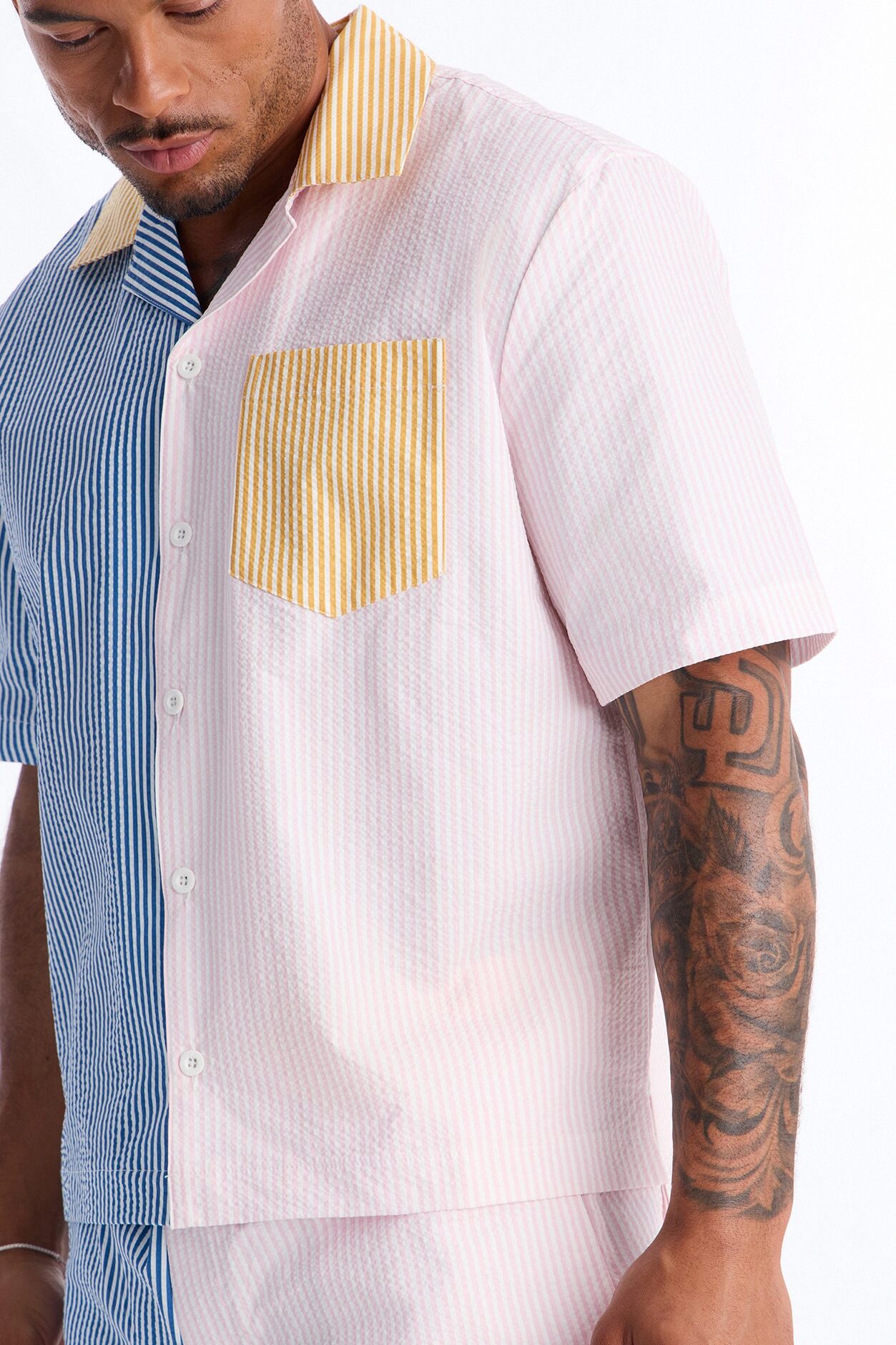 Relaxed Day Party Seersucker Striped Cuban Collar Button Up Shirt - Multi Color