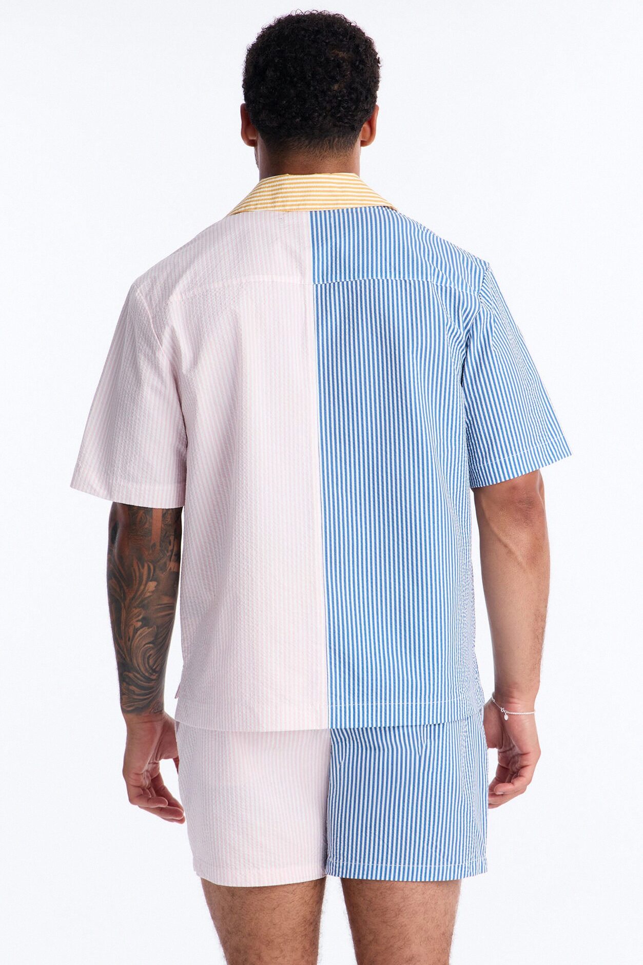 Relaxed Day Party Seersucker Striped Cuban Collar Button Up Shirt - Multi Color