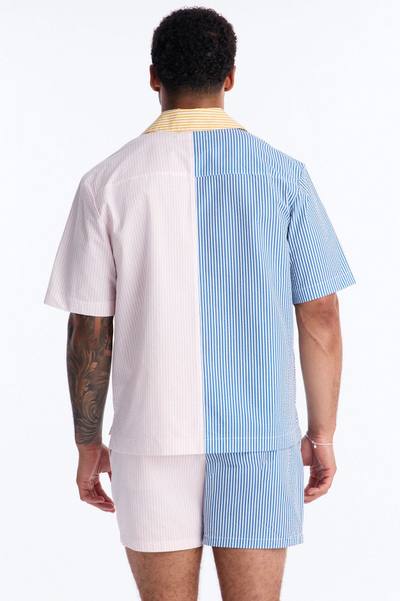 Relaxed Day Party Seersucker Striped Cuban Collar Button Up Shirt - Multi Color