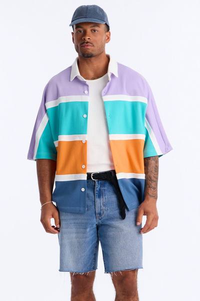 Oversized Spring Rush Pique Button Up Shirt - Blue