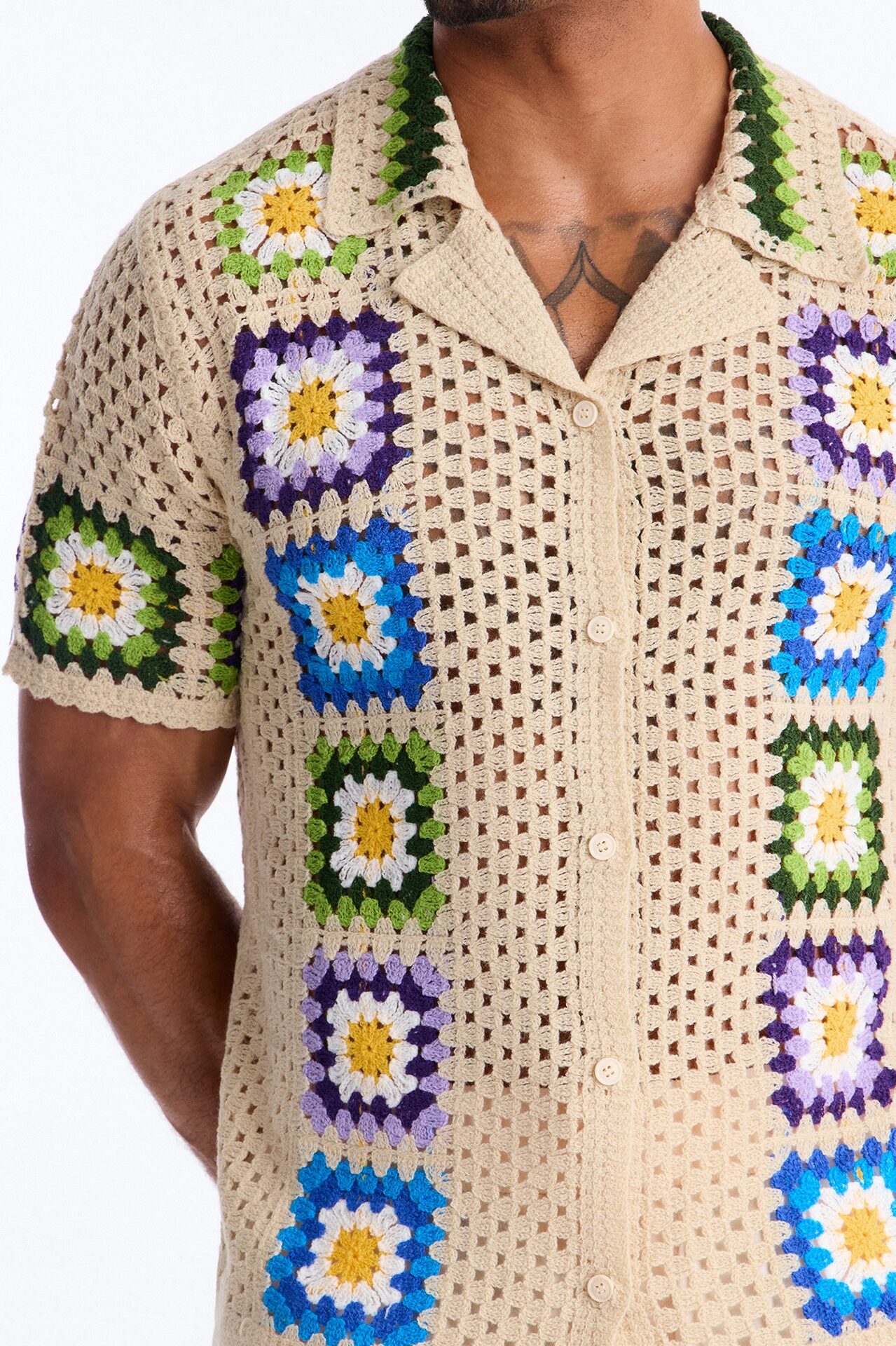 Bass Bloom Crochet Button Up Shirt - Tan