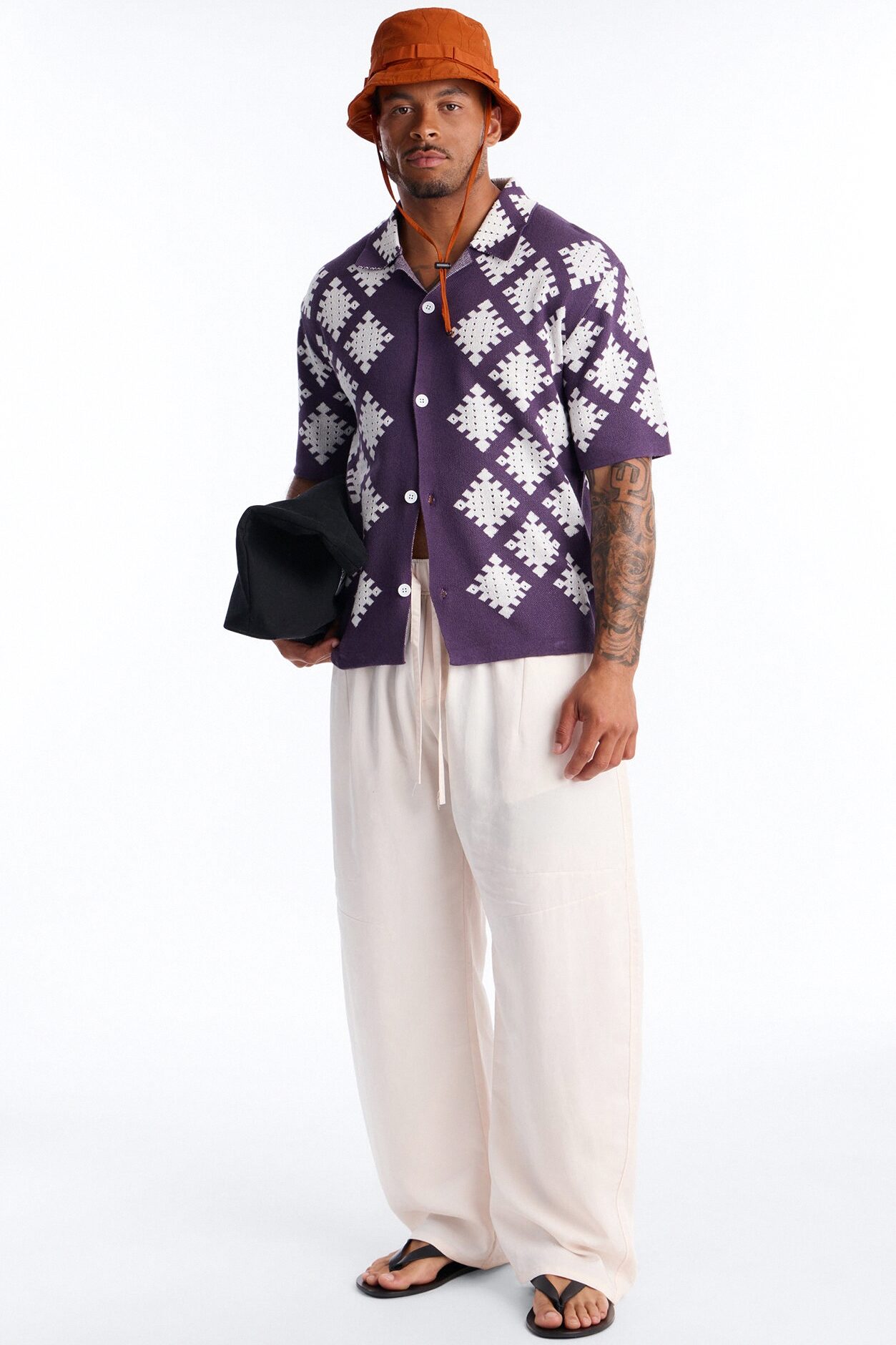 Relaxed Wave Side Crochet Cuban Collar Button Up Shirt - Purple