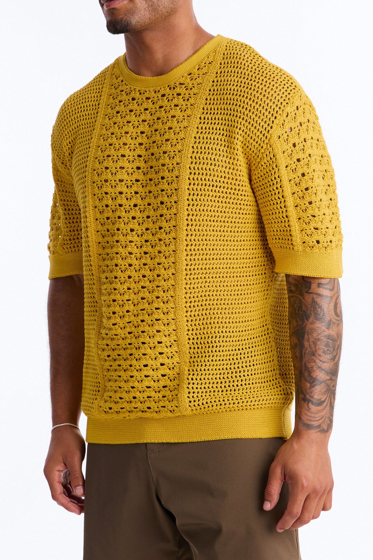 Relaxed Jonathon Crochet Crewneck Tee - Mustard