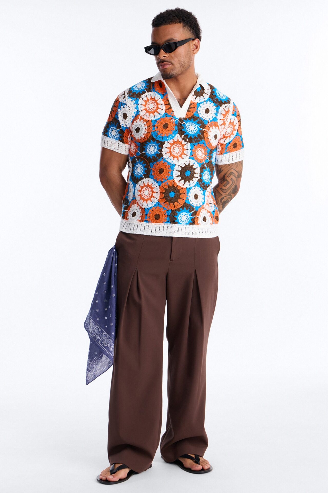Flower Power Crochet Johnny Collar Polo - Multi Color