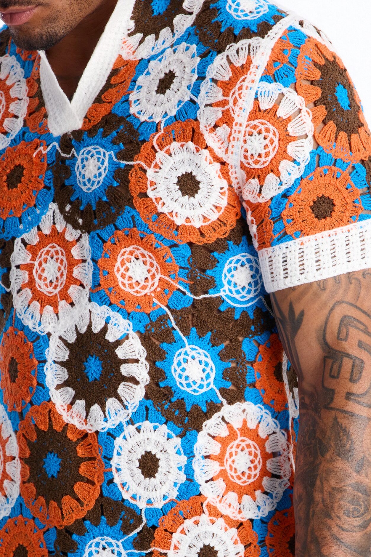 Flower Power Crochet Johnny Collar Polo - Multi Color