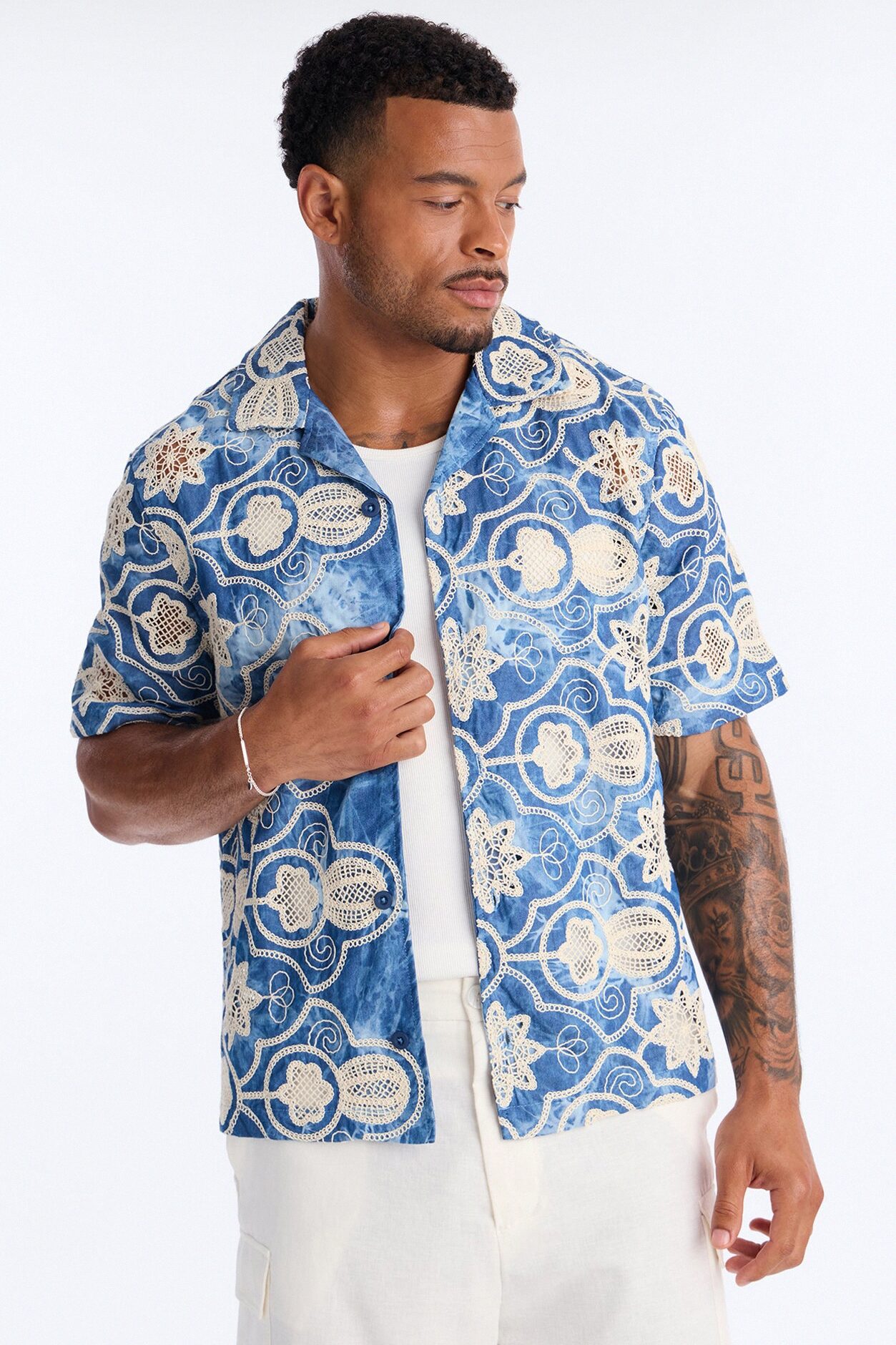 Floral Ties Washed Short Sleeve Cuban Collar Button Up Shirt - Blue
