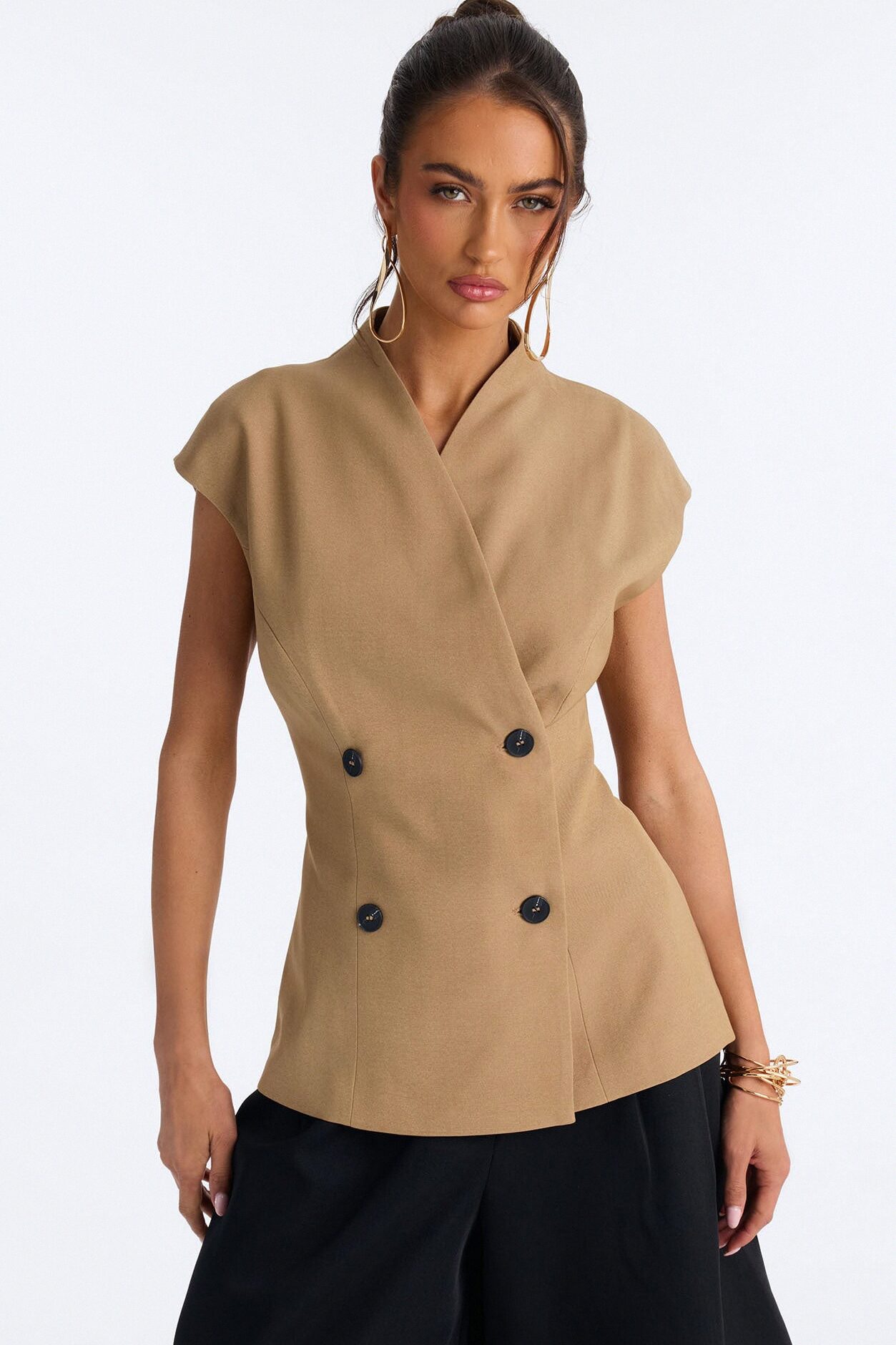 Diana Cap Sleeve Double Breasted Blazer - Caffe