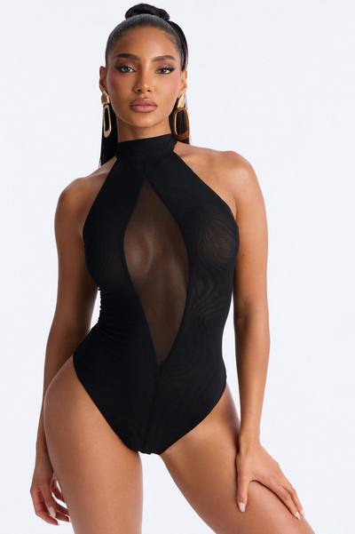 Rianna Mock Neck Sheer Mesh Bodysuit - Black