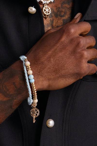 Anchor Faux Leather Cording Necklace And Bracelet Set - Blue/Gold
