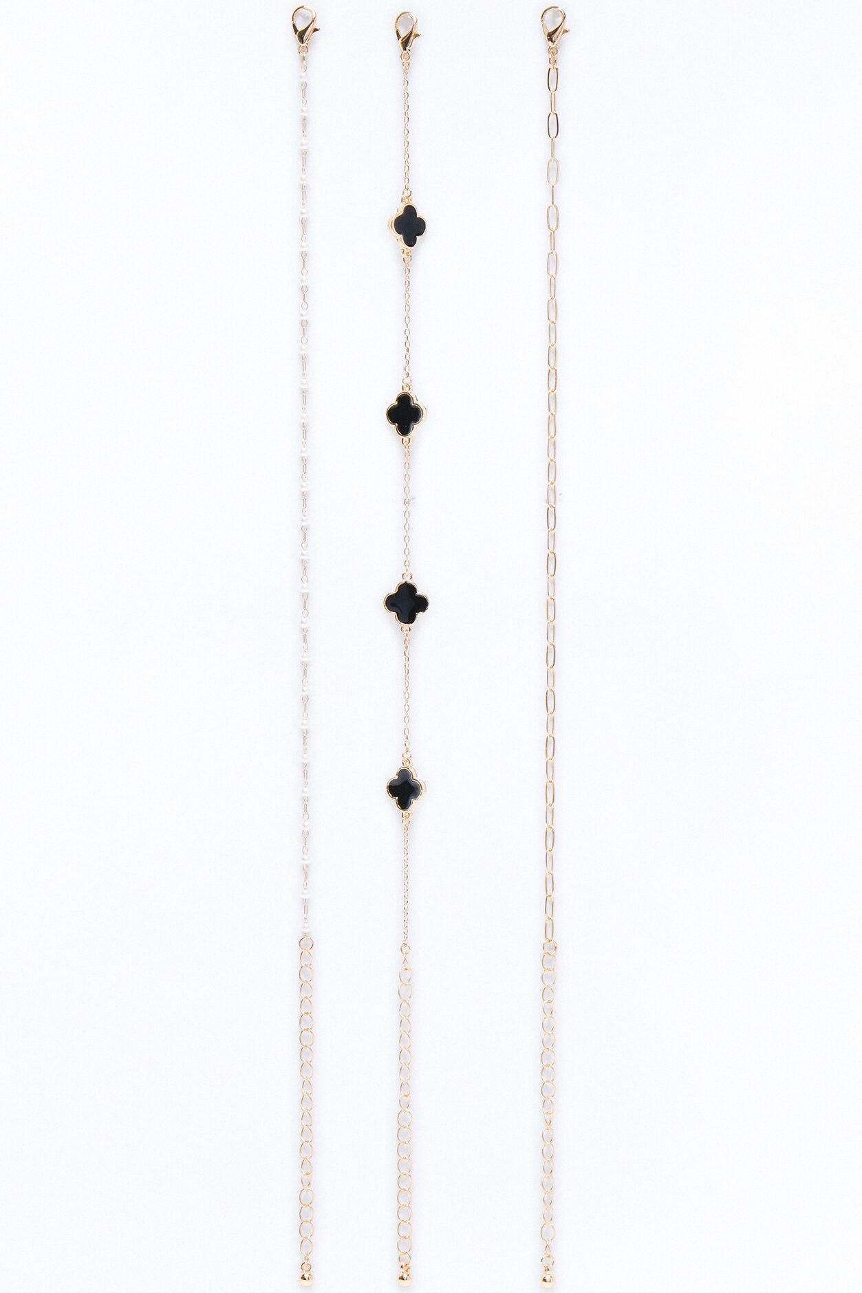 Clovers And Pearls 3 Piece Anklet Set - Gold/Black