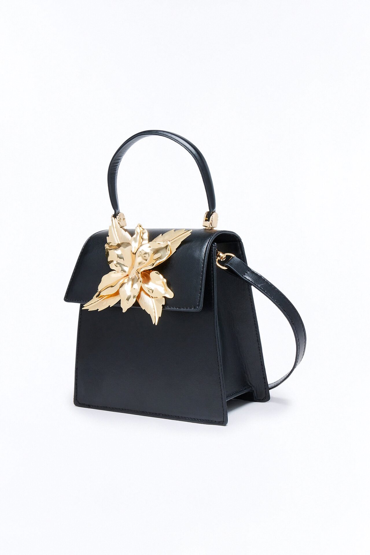 Floral Dreams Faux Leather Satchel Handbag - Black/Gold