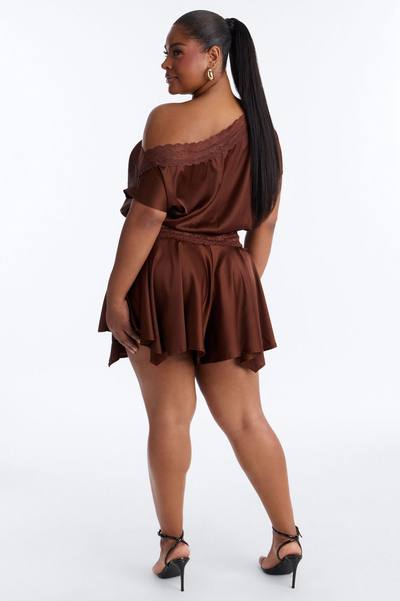 Irina Satin Off Shoulder Lace Romper - Chocolate