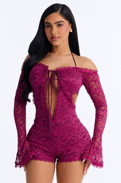 Tiana Lace Cut Out Micro Romper - Wine
