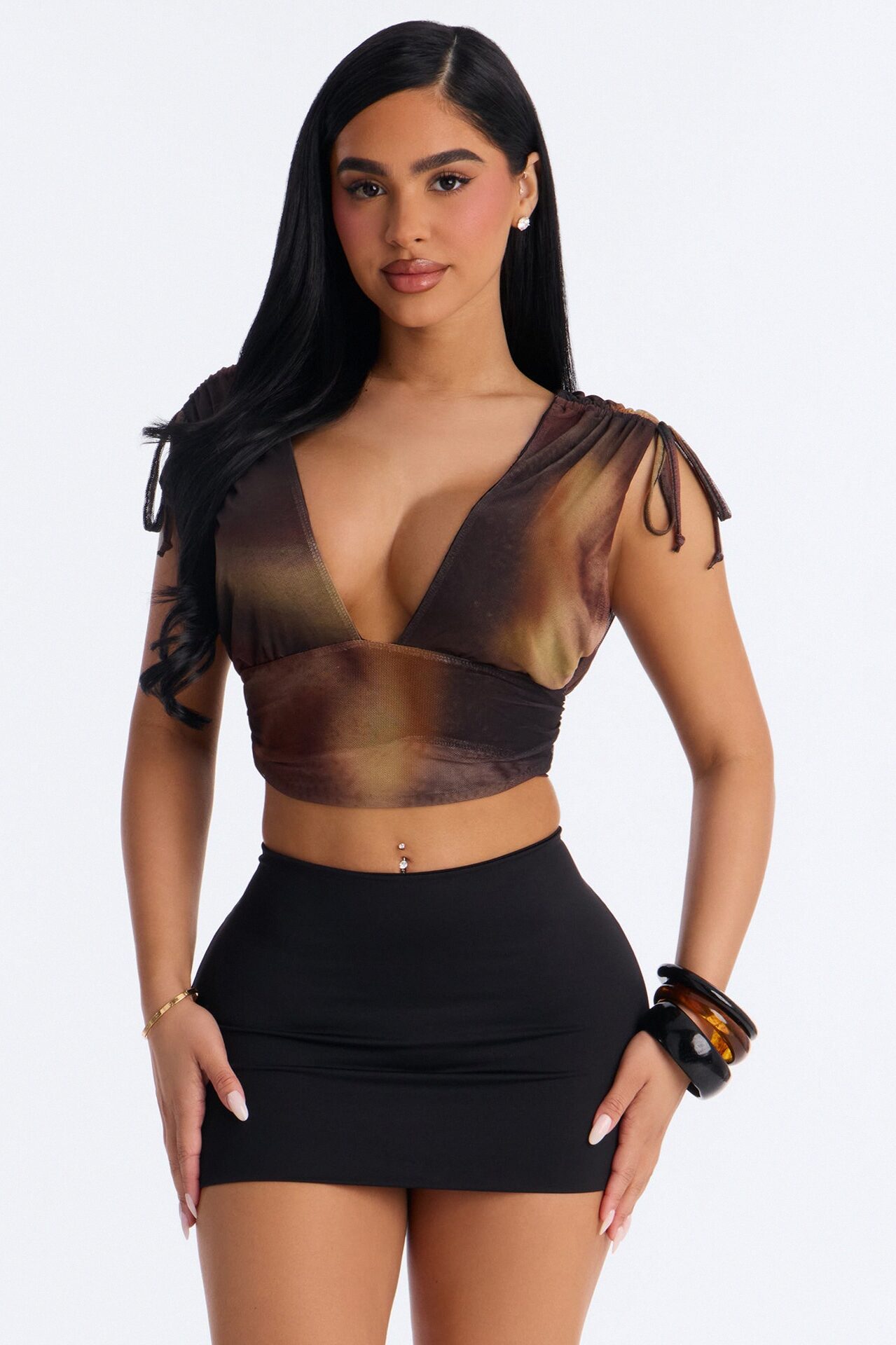 Lori Deep V-Neck Mesh Cropped Top - Brown/combo