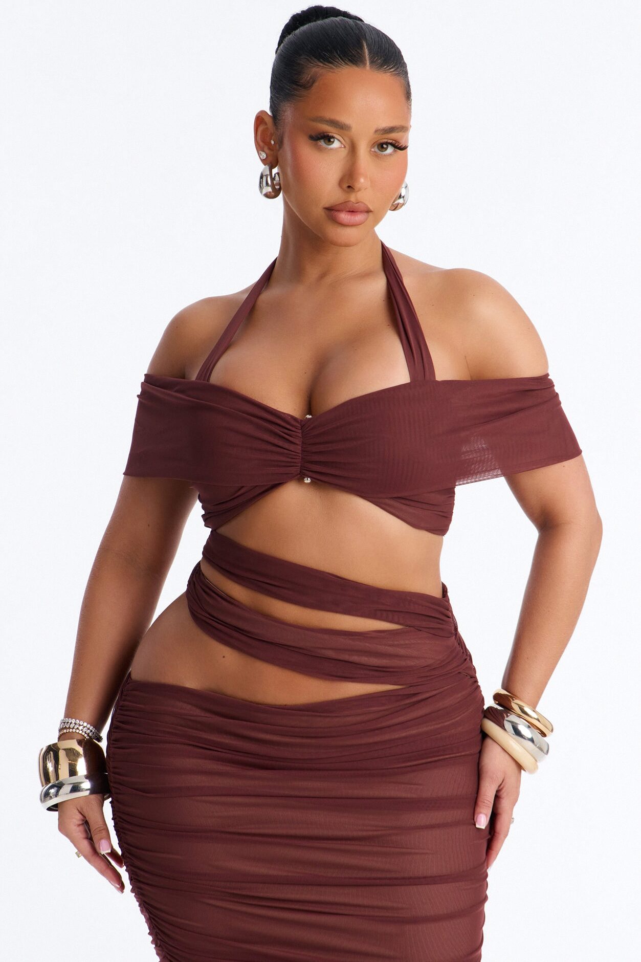 Brooke Mesh Off The Shoulder Cutout Maxi Skirt Set - Burgundy