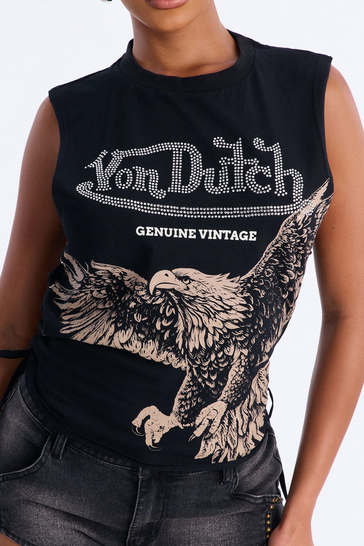 Von Dutch Rocker Rhinestone Grommet Tank Top - Black