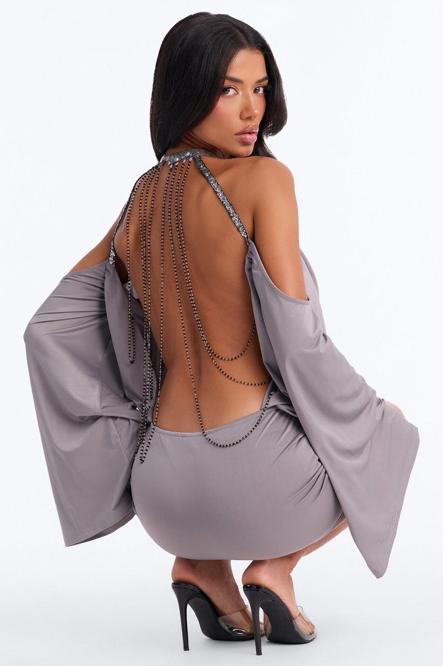Ari Backless Embellished Mini Dress - Grey