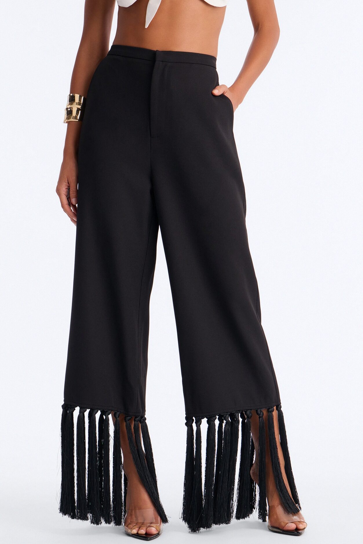 Samantha High Rise Wide Leg Tassel Fringe Trouser - Black