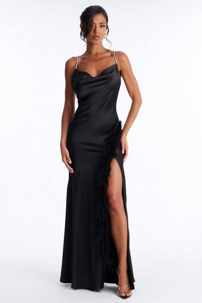 Isabella Feather Trim Satin Gown - Black