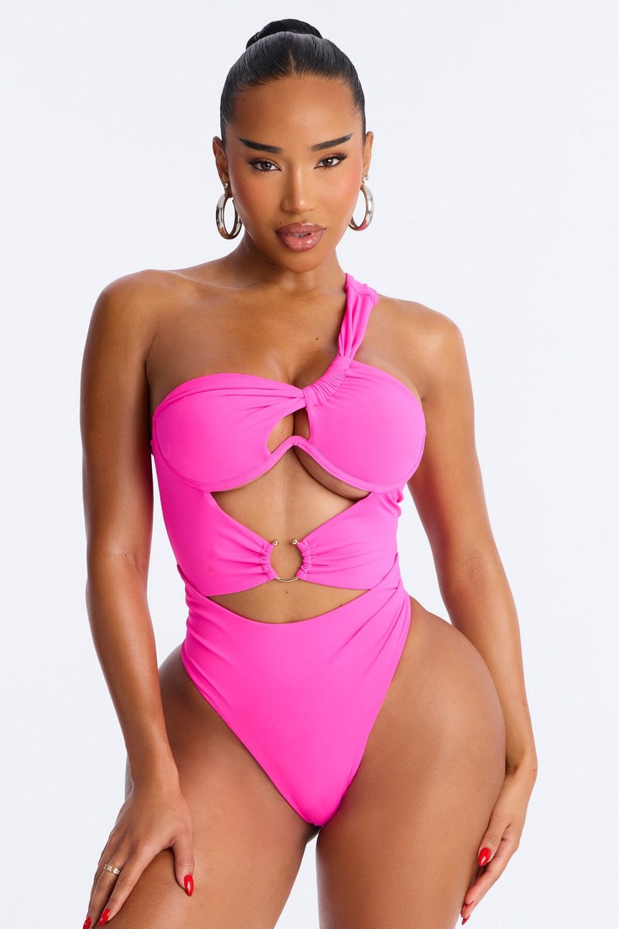 Can Sea Clearly Now Underwire One Shoulder Hardware Asymmetrical 1 Piece Swimsuit - Pink