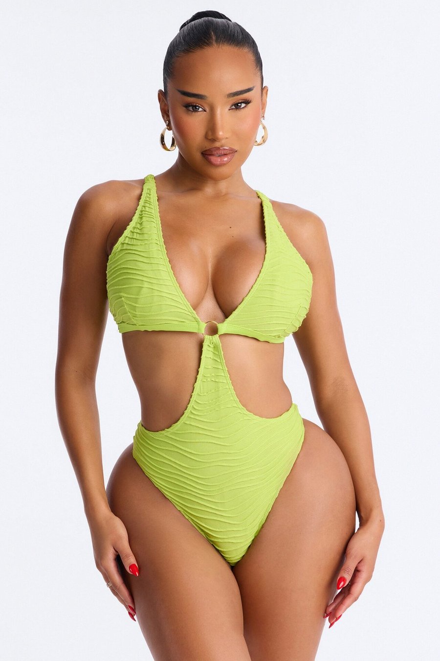 Some Beach Somewhere Textured O-Ring Back Tie 1 Piece Swimsuit - Green