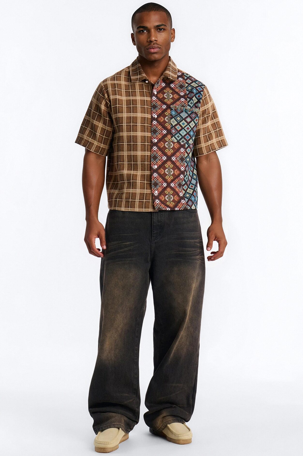Trippy Mixed Media Button Up Shirt - Brown