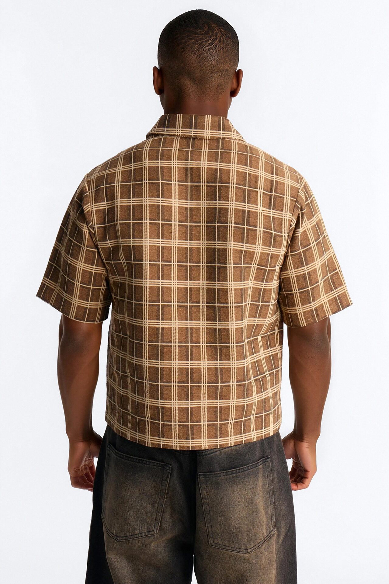 Trippy Mixed Media Button Up Shirt - Brown