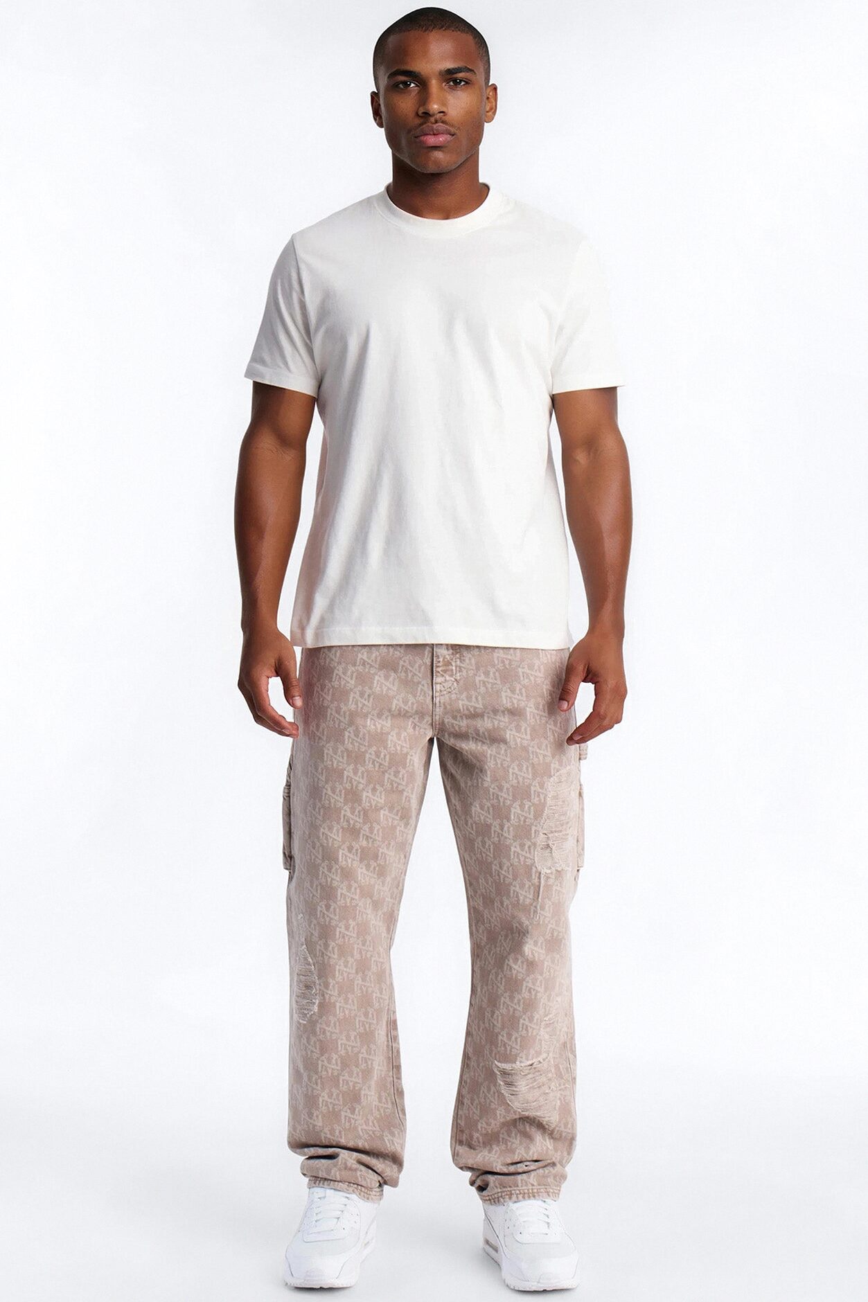 Straight Break Wide Monogram Distressed Jean - Khaki
