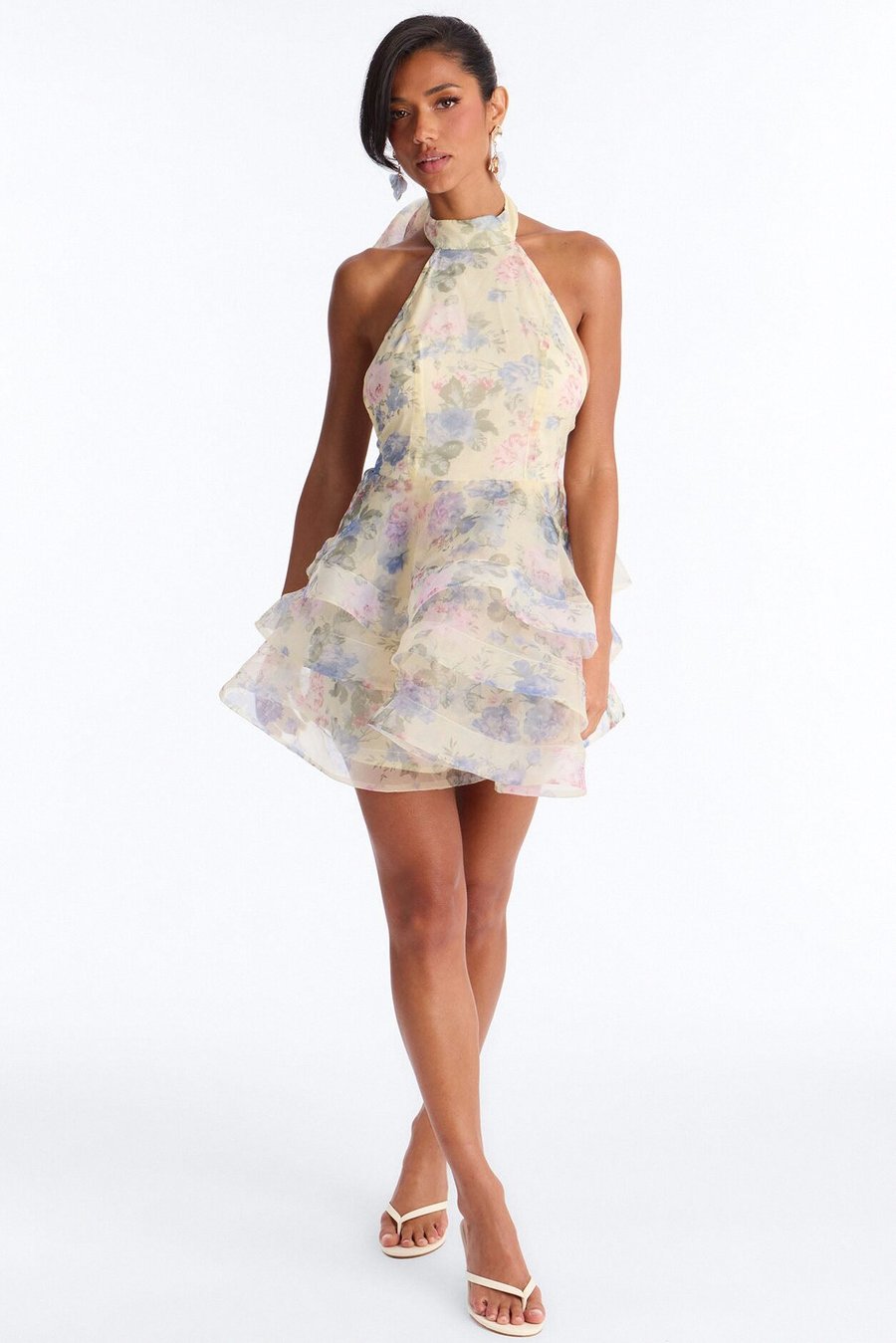 Maria Backless Floral Organza Mini Dress - Yellow