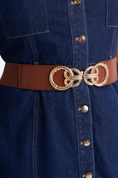 Rings And Rings Faux Leather Wide Stretch Belt - Cognac