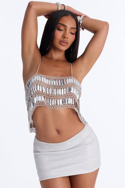 Festival Glow Mirrored Chain Strap Bralette Top - Silver