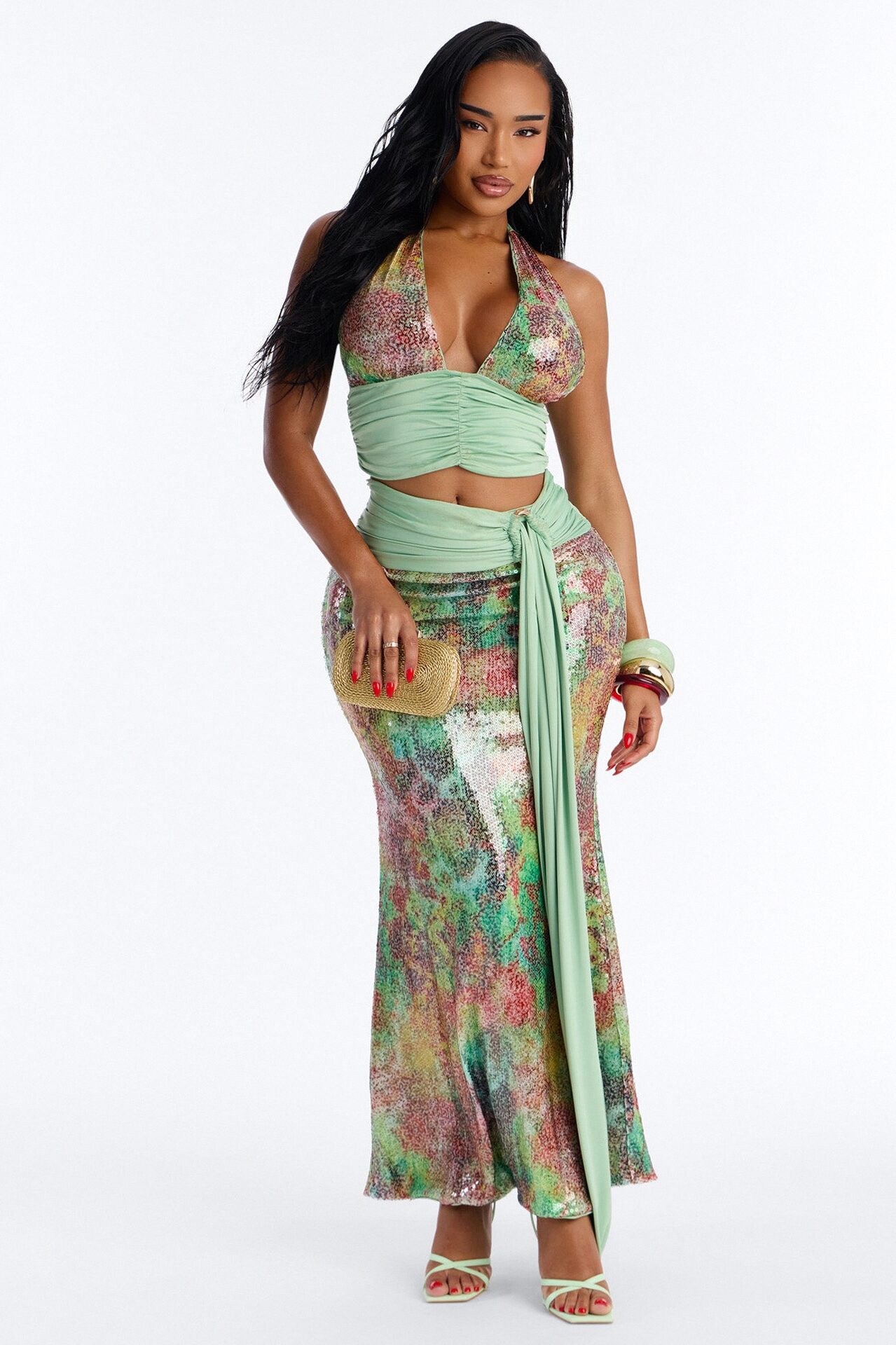 Into The Tropics Halter Sequin Skirt Set - Multi Color
