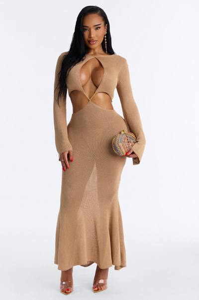 Can't Help It Metallic Knit Maxi Dress - Mocha