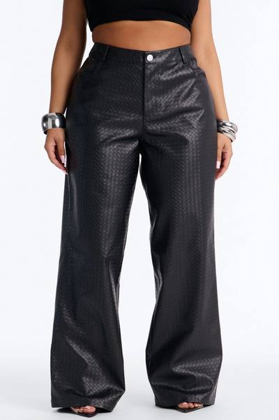 Jewel Mid Rise Weave Embossed Faux Leather Wide Leg Pant - Black