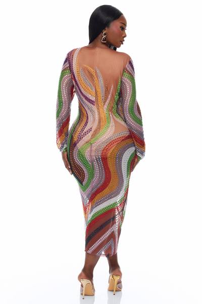 Zarah Long Sleeve Rhinestone Midi Dress - Multi Color