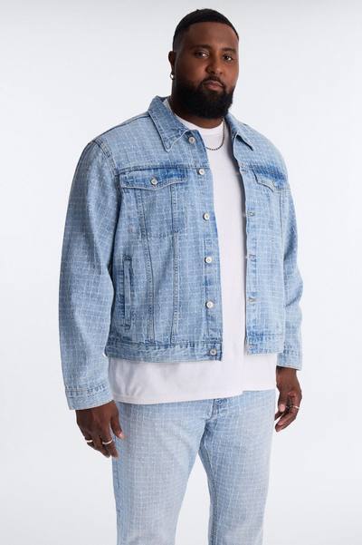 Cropped Windowpane Denim Trucker Jacket - Light Wash