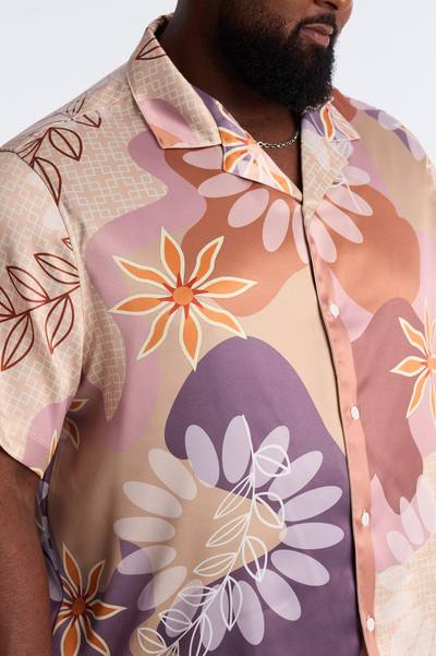 Relaxed Palm Bloom Cuban Button Up Shirt - Pink