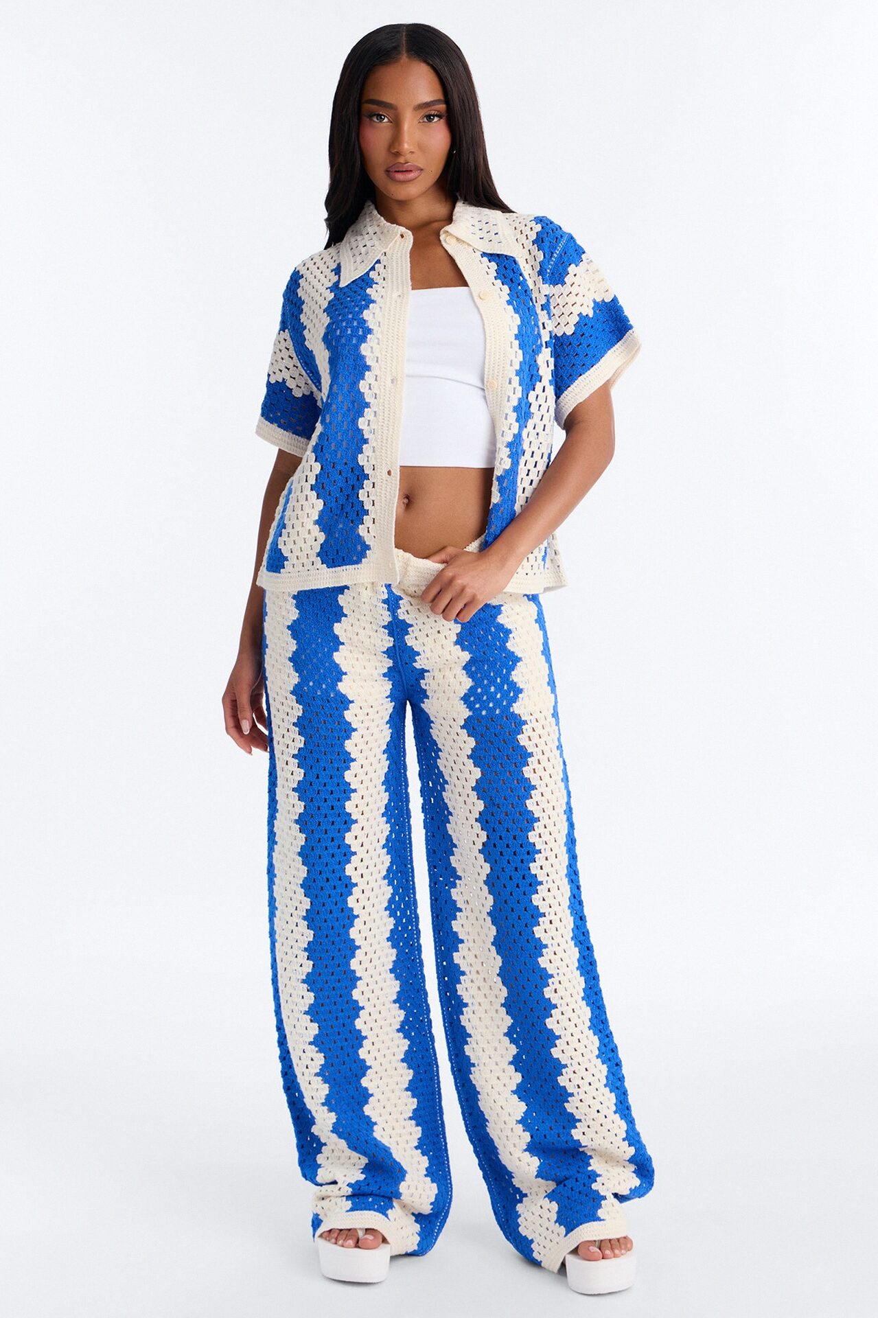 Shoreline Symphony Crochet Pant Set - Blue/combo