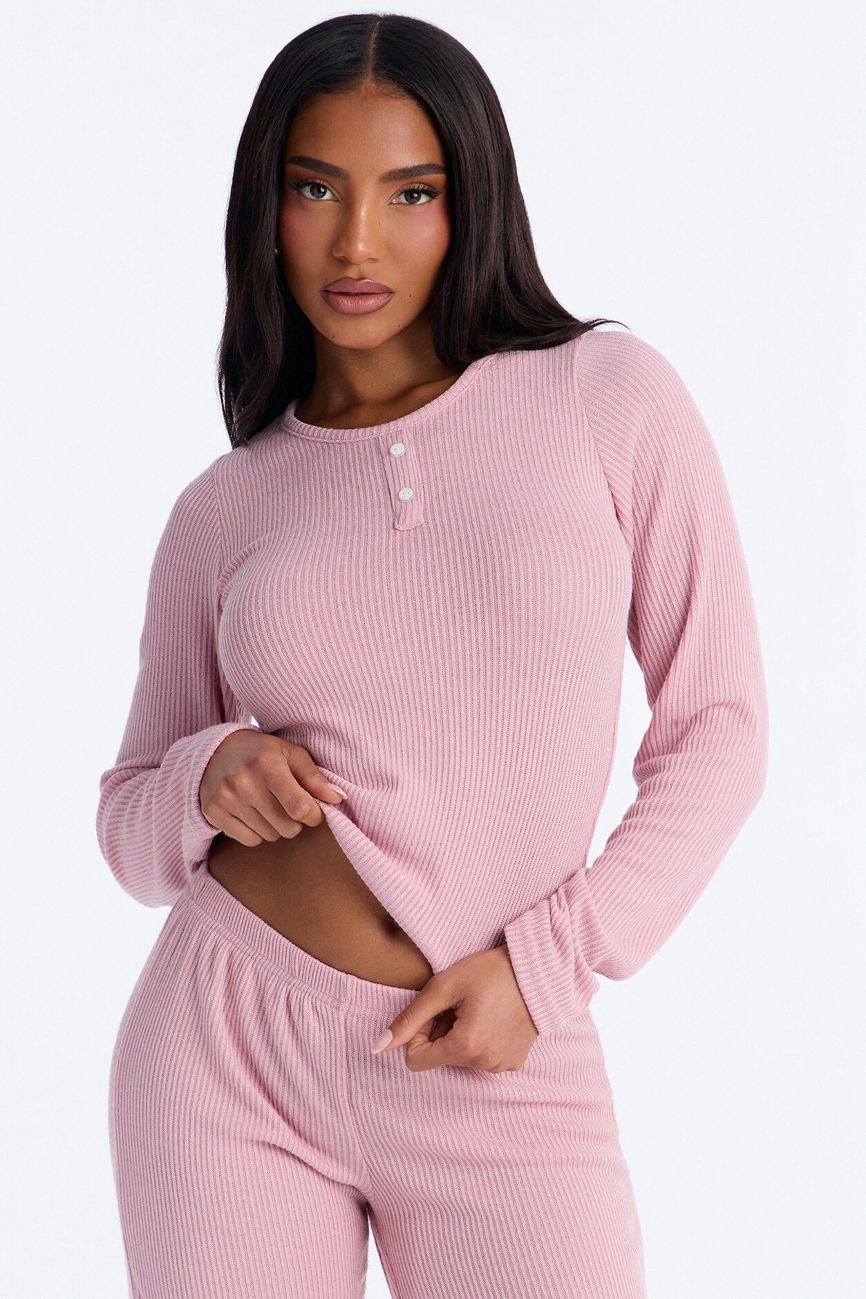 Slumber Haven Ribbed Long Sleeve PJ Pant Set - Mauve