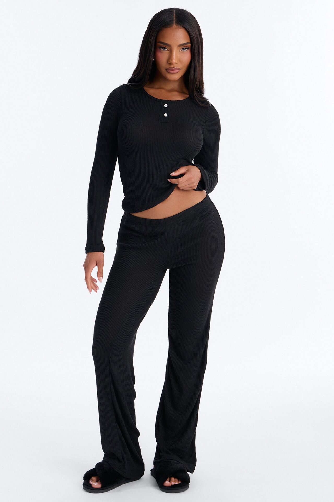 Slumber Haven Ribbed Long Sleeve PJ Pant Set - Black