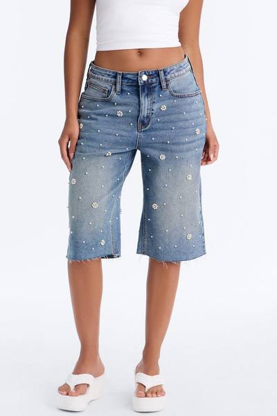 Oh So Pearly Embellished Denim Bermuda Shorts - Vintage Wash