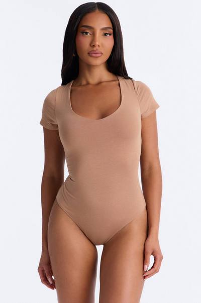 Marion Double Lined V Neck Bodysuit - Mocha