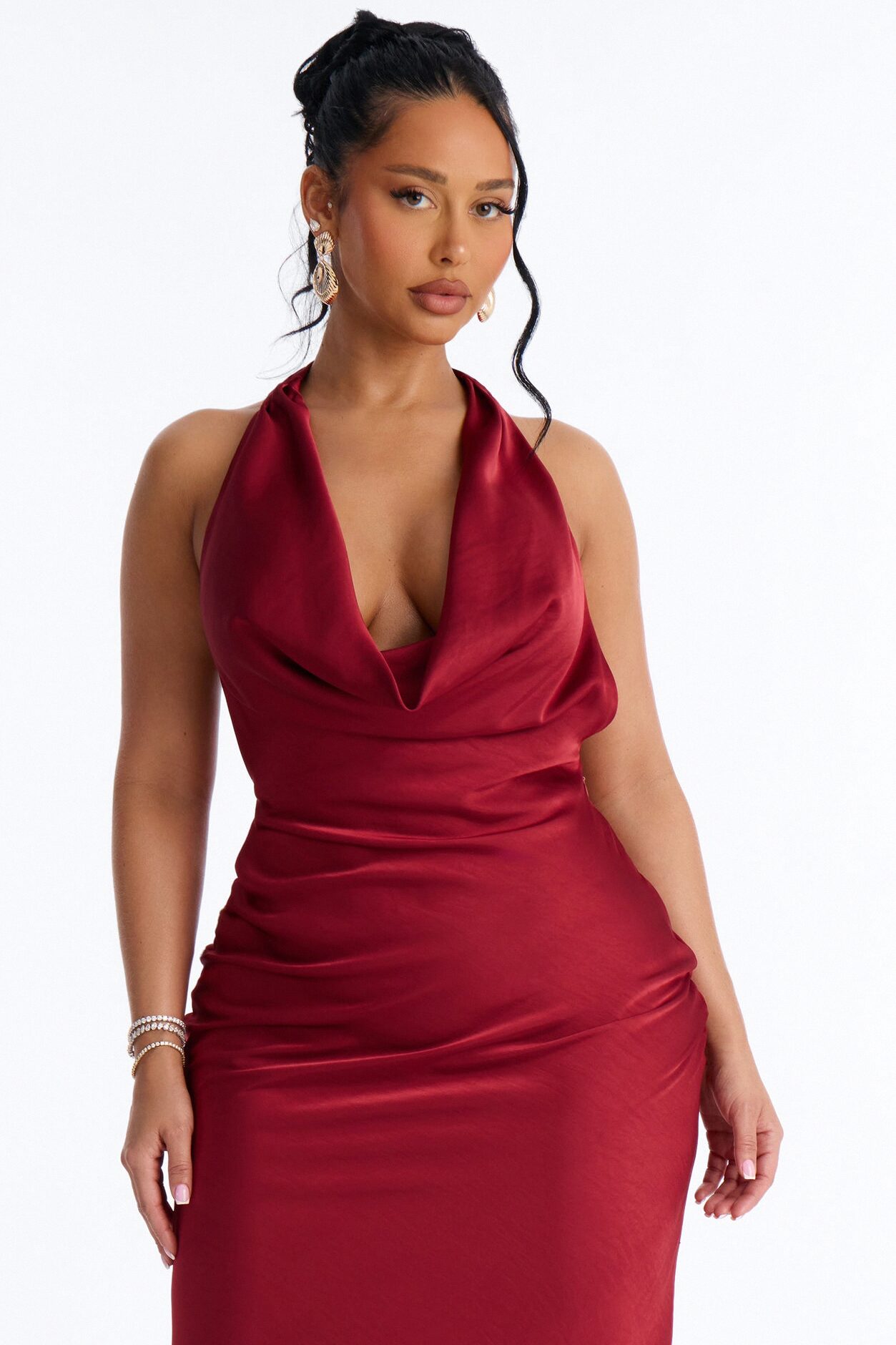 Riley Asymmetrical Satin Maxi Dress - Marsala