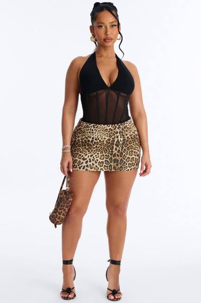 Nightfall Vibe Sheer Corset Waist Bodysuit - Black