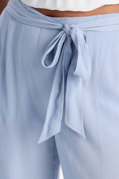 Kelsey Mid Rise Tie Waist Flowy Wide Leg Pant 34″ - Light Blue