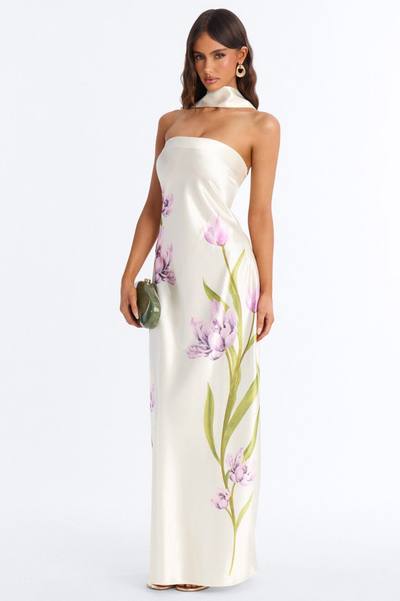 Jelissa Scarf Satin Maxi Dress - Ivory/combo