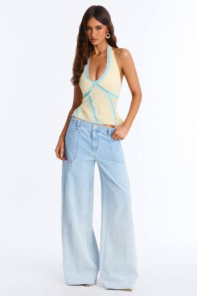 Glossy Things Lace Trim Satin Halter Top - Yellow