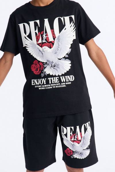 Mini Peace Over Everything Fleece Short Set - Black